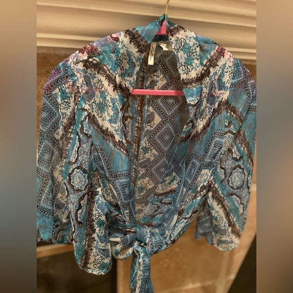 Free People Love Potion Turquoise flowy geometric kimono tie top Boho  XL - Picture 1 of 11